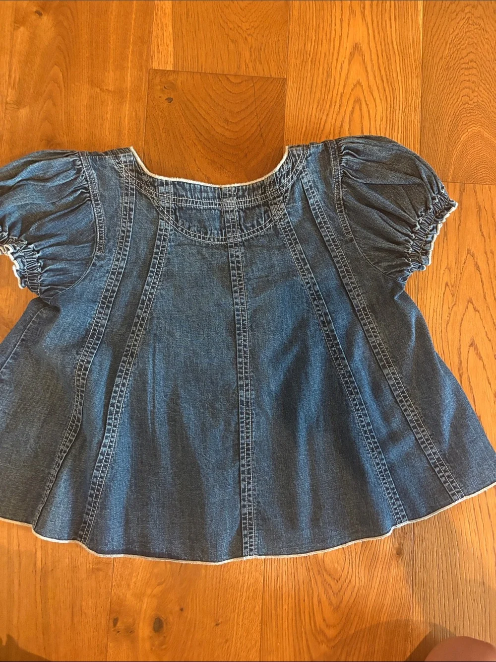 Pilcro Denim-Look Puff Sleeve Top - Blue